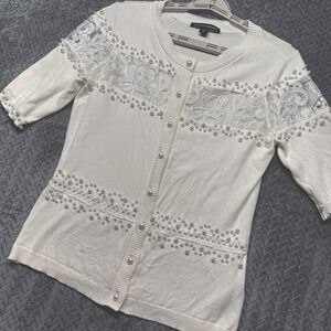 Boston Proper Embellished Pearl Lace Cardigan Sweater XS Ivory‎ White Holiday